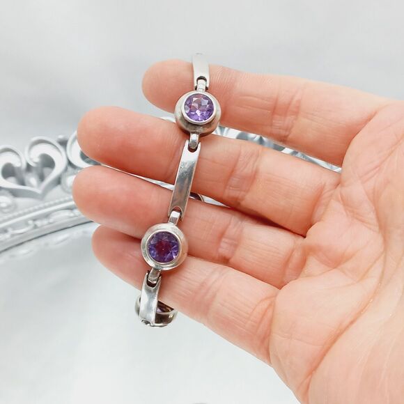 Vtg BOMA Sterling Silver 925 Natural Amethyst Link Bracelet - Picture 3 of 12